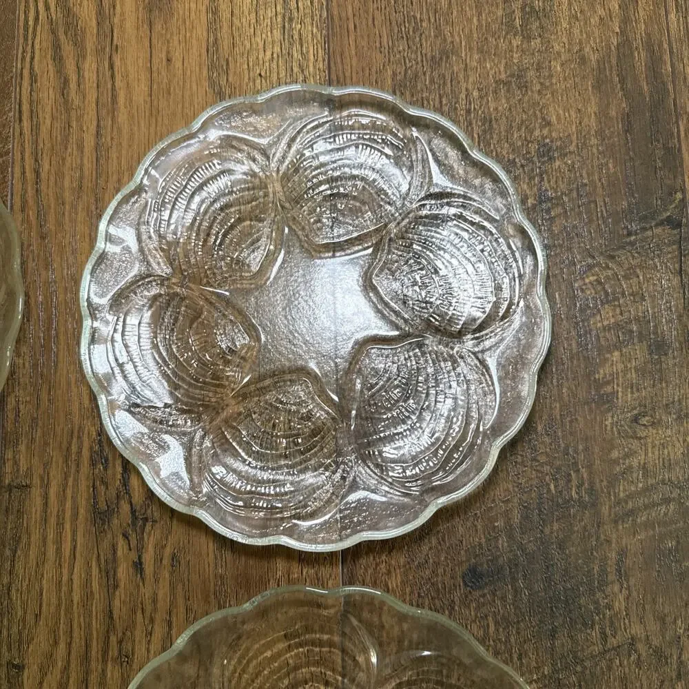 Toscany Clear Glass Oyster Decorative Plate 8” Half Dozen Oyster Motif Set 4 Vtg